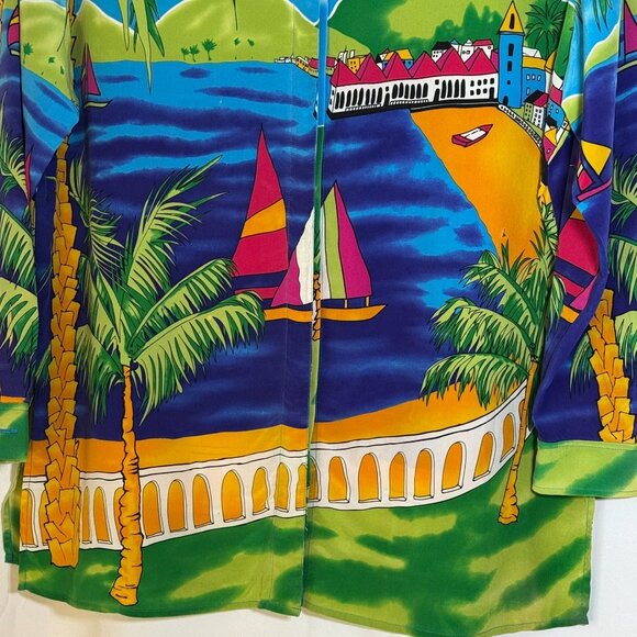 Diane Gilman Women's 100% Silk Blouse Tropical Size Medium Palm Trees, Sail Boat - Picture 3 of 15